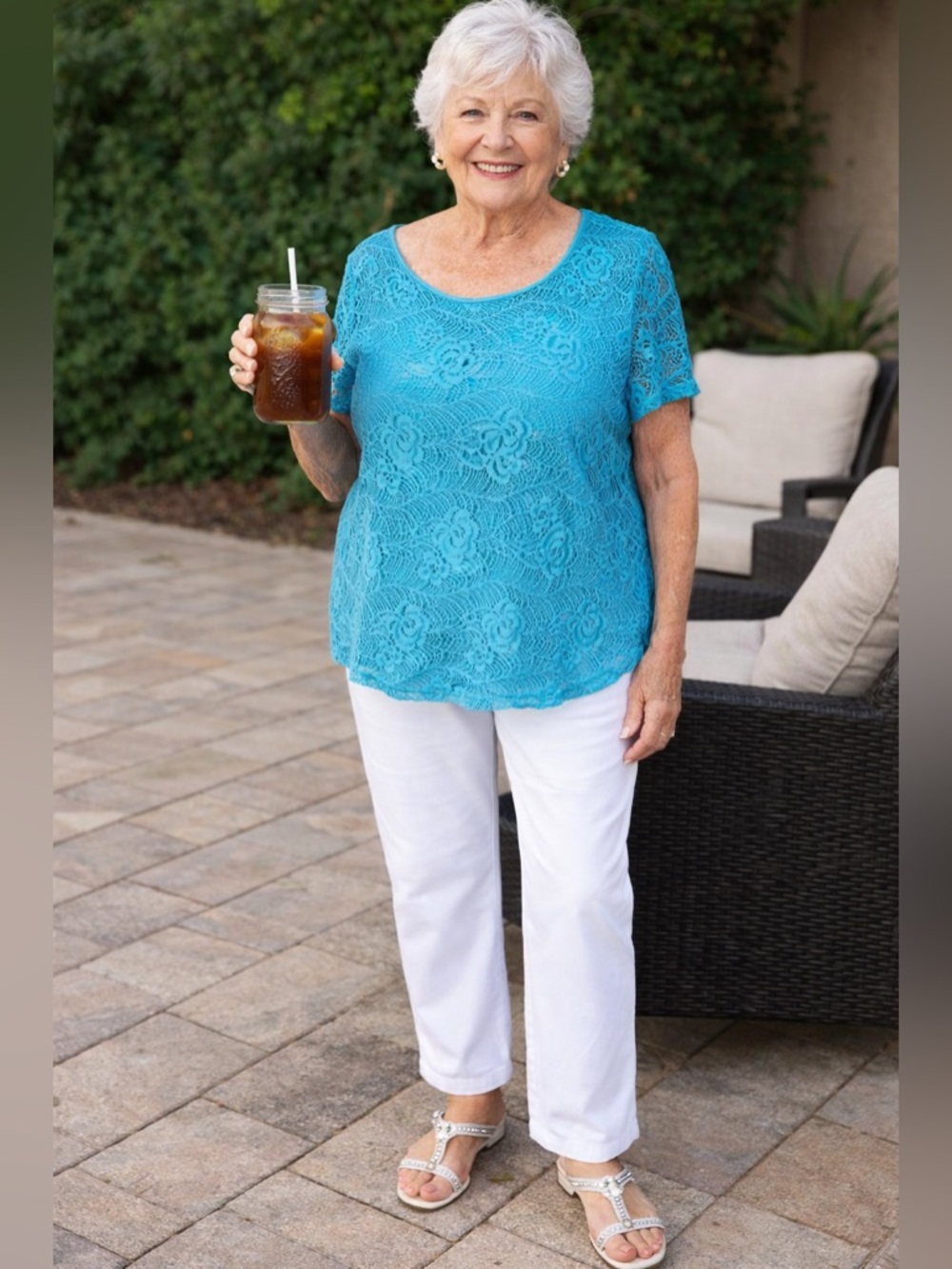 Leo & Nicole Turquoise Jersey /Lace Short-Sleeve Top Size XL Bright and summery!